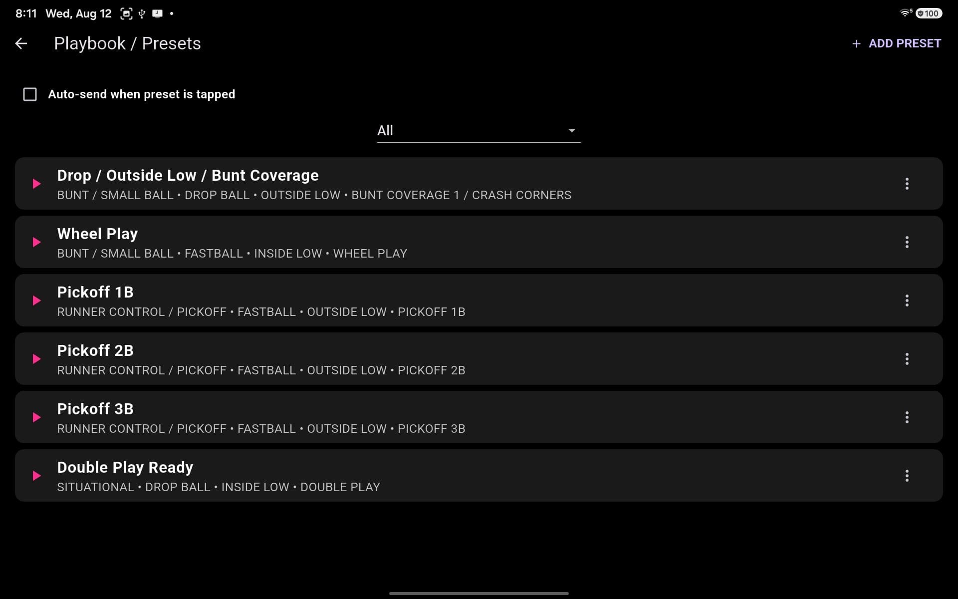 LOCKED IN Playbook and Presets screen with commonly used play combinations