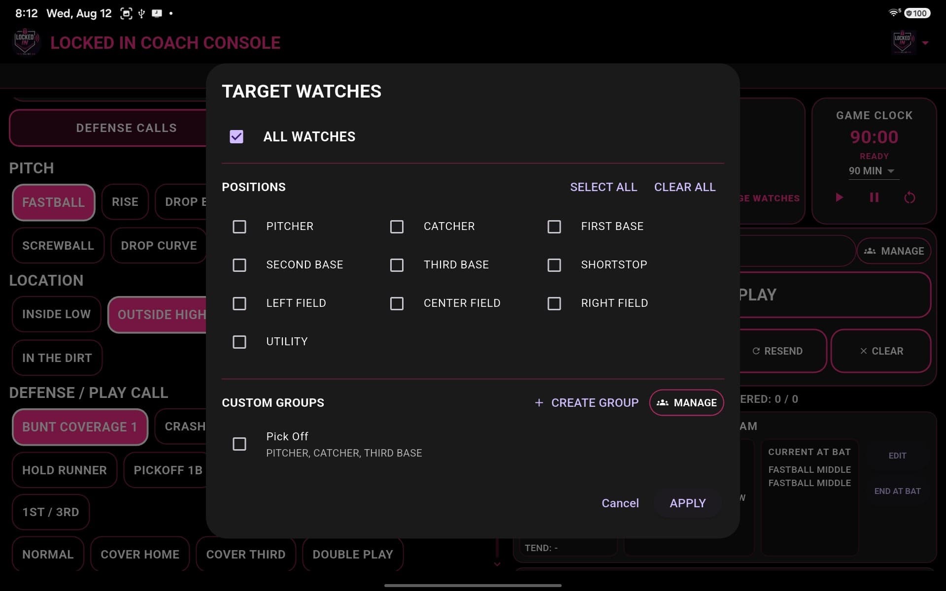 LOCKED IN Target Watches screen with all watches, field positions, and custom groups