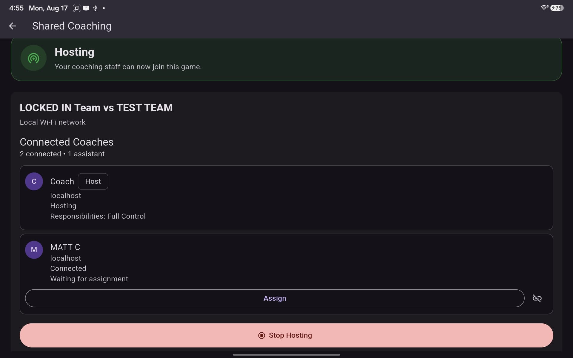 LOCKED IN Shared Coaching screen showing a host and connected assistant coach