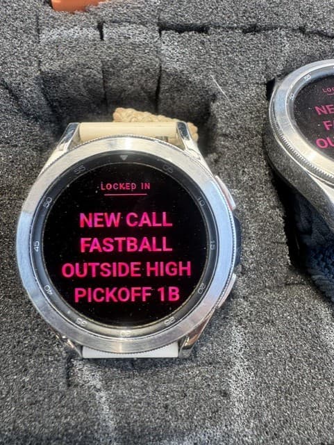 LOCKED IN watch app displaying a new fastball, location, and defensive call